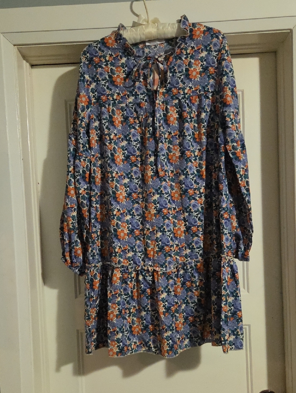 Floral Tie-Neck Long Sleeve Dress - Blue & Orange